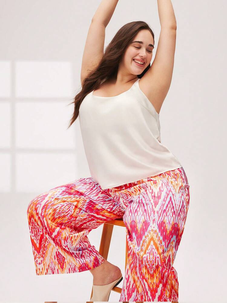 Plus Satin Tank Top & Patterned Pants PJ Set
