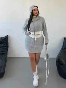 POPSWAY 2pcs/Set Plus Size Women Grey Casual Sport Pullover Sweatshirt And Mini Skirt Suit, Simple Style