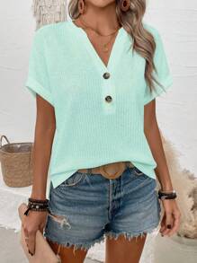 SHEIN LUNE Vacation Casual Solid Color Textured Keyhole Neckline Batwing Sleeve T-Shirt - Green - View 1