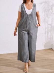 SHEIN LUNE Mono de talla grande para mujer con escote en V, informal, de lino a rayas, sin mangas, con cremallera trasera y bolsillos