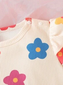 2件套婴儿女童圆领荷叶边彩色碎花短袖连体衣，配发带，可爱舒适，适合春、夏、秋季穿着。 - 彩色 - 查看 3