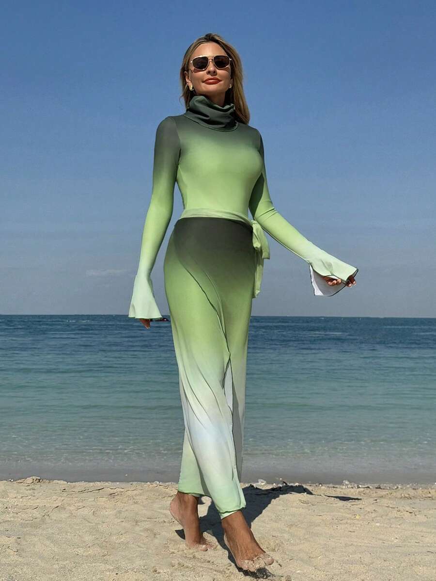 Swim Shayni Conjunto informal de tankini para mujer con top de manga larga, pantalón y falda como cubreadam para usar en verano y vacaciones en la playa, con cuello alto y efecto ombré