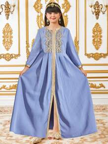 Tween Girl Casual Floral Trim Ribbons Long Dress - Blue - View 1