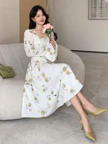 DAZY 女士碎花泡泡袖中长连衣裙，秋季长袖连衣裙，复活节长款连衣裙 - 綠色 - 查看 6