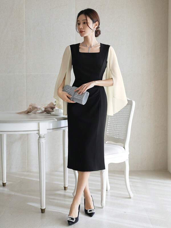 DAZY Color Block Square Collar Pleat Ruffle Sleeve Mid-Length Dress For Women Sundress