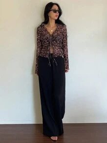 DAZY 性感豹纹网眼修身长袖 V 领荷叶边系带女式衬衫，夏季透明猎豹印花 - 棕色 - 查看 7