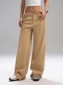 LYSMO Women's Solid Color Flap Pocket Loose Corduroy Pants - Khaki - View 1