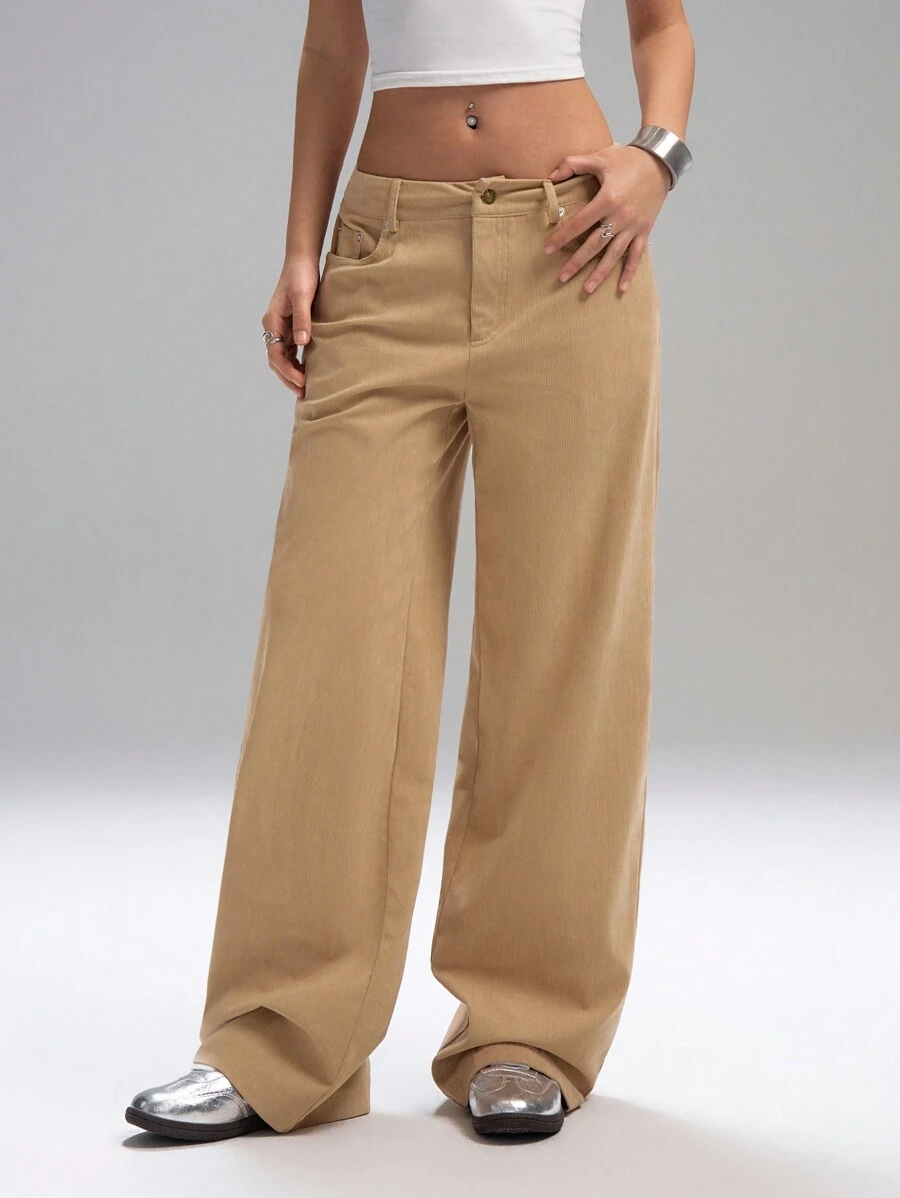 LYSMO Women's Solid Color Flap Pocket Loose Corduroy Pants - Khaki - View 1