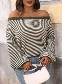 SHEIN LUNE 大码女式露肩横条纹单肩套头衫商务休闲女士、度假装、乡村上衣