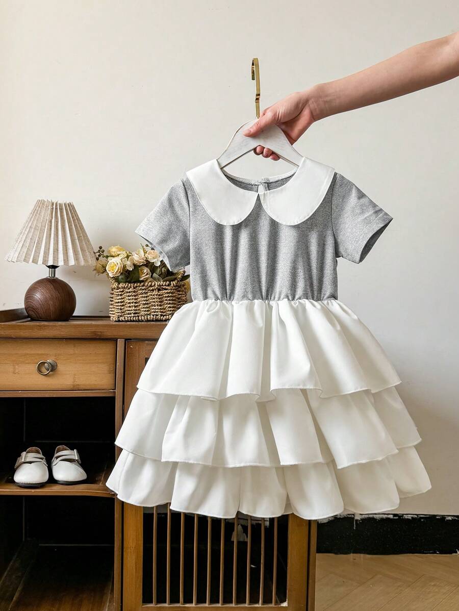 SHEIN Vestido de princesa de verano para niñas jóvenes con cuello Peter Pan, unicolor, estilo minimalista y con falda de parches tipo pastel - Blanco - Ver 1