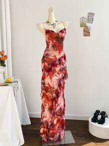 Soleia Women's Holiday Vintage Floral Print Ruffled Neck Layered Flounced Hem Sleeveless Long Dress,Dress For Women,Vacation Dress Women,Red Dress For Women,Birthday Dress For Women,Summer Dress For Women,Mardi Gras,Western Wear Woman,Mesh Dress,90s Clothes,Music Festival Outfit Women,Easter Dress Women,Graduation Dress,Vacation Outfits Women