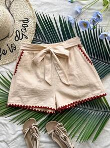 SHEIN Unity 女士花卉边饰系带蝴蝶结腰短裤，卡其色