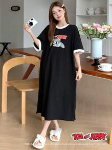 TOM AND JERRY X DAZY Cute Oversize Cartoon Print Contrast Color Design Loose Nightgown Pajama, Moo Moo - Black - View 4