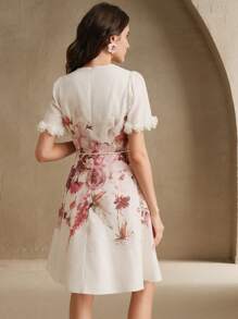 Anewsta Women's Floral Placement Print & Lace Patchwork Tie Waist Elegant Short Dress - White - View 2