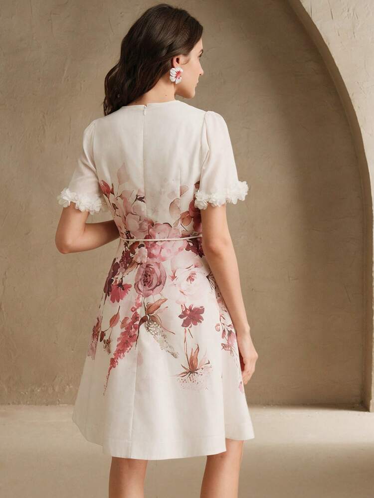 Women's Floral Placement Print & Lace Patchwork Tie Waist Elegant Short Dress