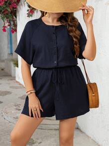 SHEIN LUNE Plus Size Women Summer Solid Color Tie Waist Short Sleeve Jumpsuit, Vacation Style, Chinese Style, Suitable For Loungewear Or Outerwear, Cooling Dress, Stress Relief Outfit, Elegant Fashion Long Gown