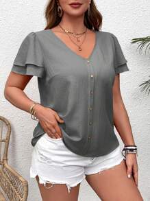 SHEIN VCAY Plus Size Vacation Double Ruffle Hem V-Neck Short Sleeve Shirt - Grey - View 1