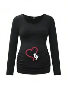 SHEIN Pregnant Women Crew Neck Long Sleeve Casual Simplistic Regular T-Shirt, For Maternity - Black - View 4