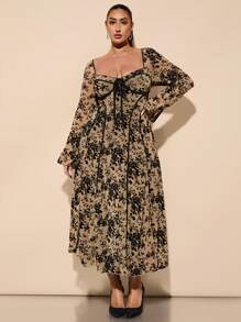 SHEIN BAE 大码女式甜美性感派对/约会之夜黑色提花荷叶边下摆及膝连衣裙