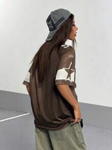 Flirla Women's Numeric Print Short Sleeve Mesh Colorblock Loose Fit Sports T-Shirt, Spring/Summer Graphic Tees Women Tops.Summer Outfits For Women