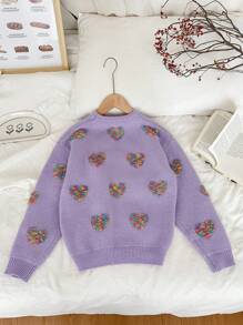 SHEIN Tween Girl Heart Pattern Detailed Simplistic Crew Neck Long Sleeve Casual Sweater - Mauve Purple - View 2