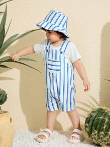 SHEIN 2pcs/Set Baby Boy Casual Cute Striped Jumpsuit With Hat Clothes, Suitable For Spring/Summer Home & Outdoor Wear