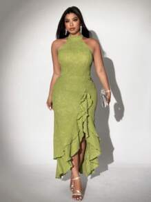 Viva Relle Plus Size Women Elegant Casual Halter Neck Sleeveless Bodycon Textured Knit Stretchy Dress - Green - View 2