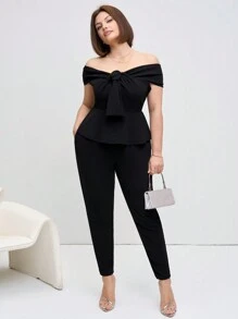 SHEIN Clasi Plus Size 2 Pieces Set, Solid Color Short Sleeve Top And Pants, Minimalist Fashion Casual Everyday Wear