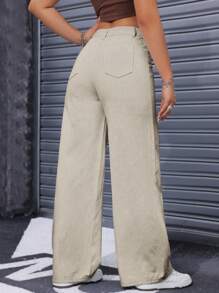 SHEIN ICON Women's Front Button Pocket Casual Denim Pants, Everyday Wear - Khaki - View 2