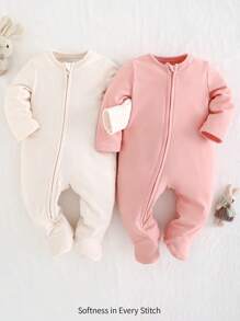 Cozy Pixies 2件套新生男宝宝粉色杏色纯色柔软针织圆领长袖连体衣套装，适合春、夏、秋、冬四季居家、户外活动 - 彩色 - 查看 3