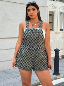 SHEIN EZwear Salopette in denim larga con tasche a quadri, taglia comoda, per donne di taglia grande - Blu - Visualizzare 1