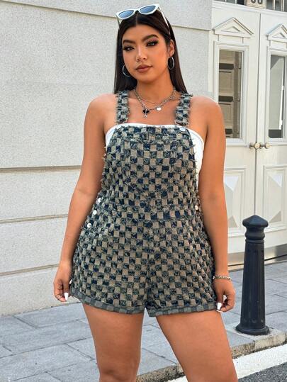 SHEIN EZwear 大码女式格纹多口袋宽松牛仔背带短裤