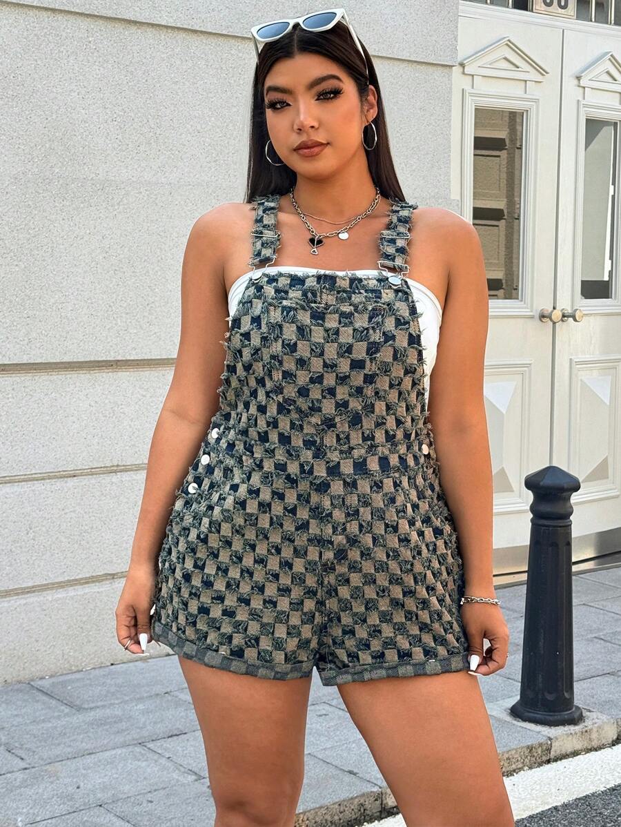 SHEIN EZwear Salopette in denim larga con tasche a quadri, taglia comoda, per donne di taglia grande - Blu - Visualizzare 1