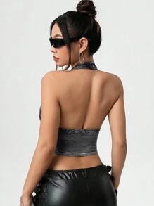 SHEIN ICON 女式深 V 领不对称下摆 Y2K 黑色性感吊带牛仔上衣 - 黑色 - 查看 7