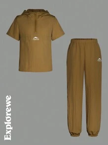 SHEIN 2 件套男童前拉链连帽衫和长裤，简约设计 - 黑色 - 查看 5