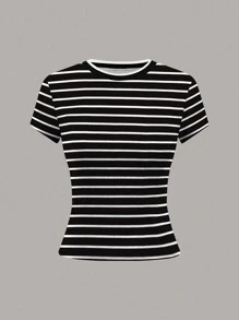 INAWLY Plus Size Women Striped Print Round Neck Short Sleeve Casual T-Shirt
