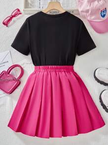 Sparklyn 2 件装 Tween Girl 时尚女孩肖像短袖 T 恤和粉色褶皱迷你裙春夏套装 - 彩色 - 查看 2