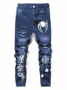 Handsome Boy Color Sprayed Individuality Print Street/Casual/Commuting Versatile Funny Wind Black Denim Jeans - Light Wash - View 1