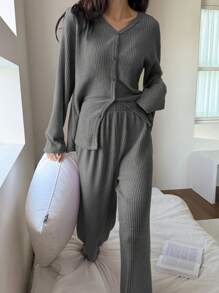 DAZY Simple Stripe Texture Flannel Spring Women Pajama Sets Fall,Winter Clothes