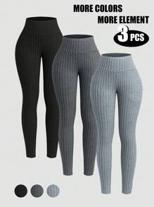 INAWLY Set de 3 leggings de punto acanalado de unicolor para mujer - Multicolor - Ver 3