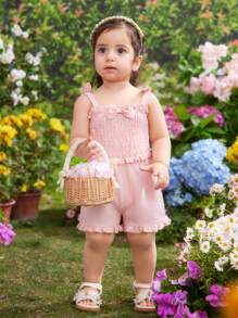 Fern Glow 女婴可爱粉色蝴蝶结细肩带连体衣，适合夏季度假穿着 - 粉色 - 查看 1