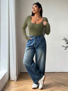 SHEIN EZwear Plus Size Women's School Casual Basic Crew Neck Long Sleeve Knit T-Shirt, Elastic And Soft Fabric Suitable For Everyday Wear, Yoga, Indoor And Outdoor, Military Green