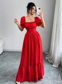 Rafferiza Women's Square Neck Puff Sleeve Bowknot Front Open Back High Waist Dress - Red - View 5