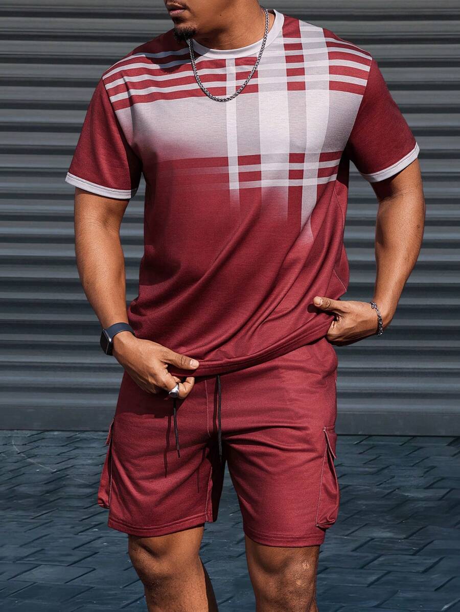 Manfinity Homme Conjunto de top casual de manga corta con cuello redondo y pantalón corto estampado para hombres de talla grande - Multicolor - Ver 1