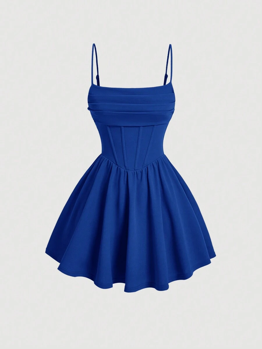 SHEIN MOD Solid Ruched Cami Royal Blue Corset Structure Summer Blue Dress - Royal Blue - View 1