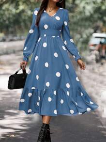 SHEIN Clasi 波尔卡圆点印花 V 领喇叭袖连衣裙长款女装