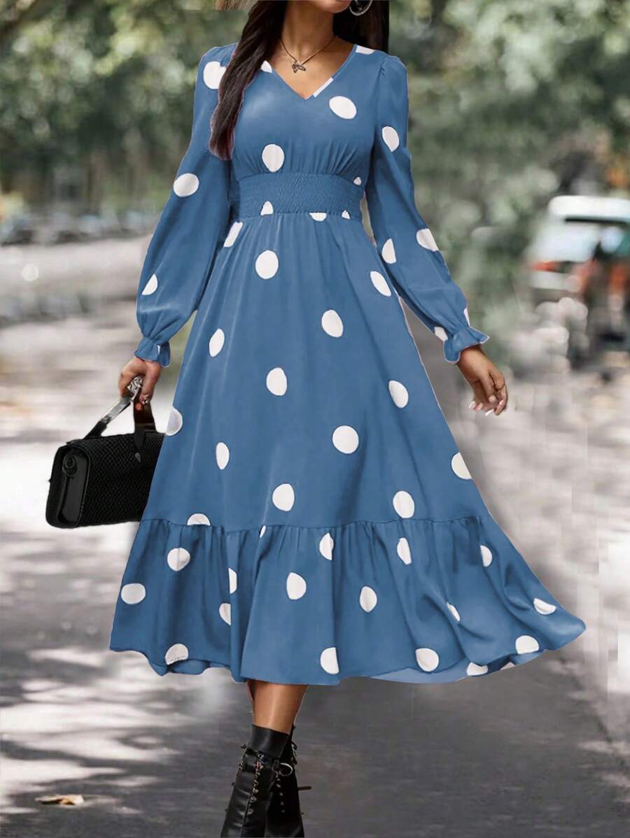 SHEIN Clasi 波尔卡圆点印花 V 领喇叭袖连衣裙长款女装