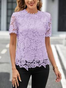 SHEIN Clasi Women's Solid Color Lace Trim Short Sleeve Casual Top, Everyday Wear