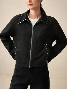 BizChic Women's Elegant Turndown Collar Rivet Decorated Commuter Jacket, Suitable For New Year Party, Spring/Summer - Black - View 3