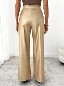 RueChic Gold Coated Pintuck Detailed Gold Pants - Gold - View 2